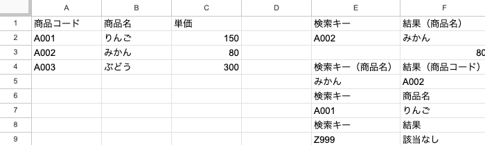 XLOOKUPで存在しないZ999を検索し該当なしと表示された結果